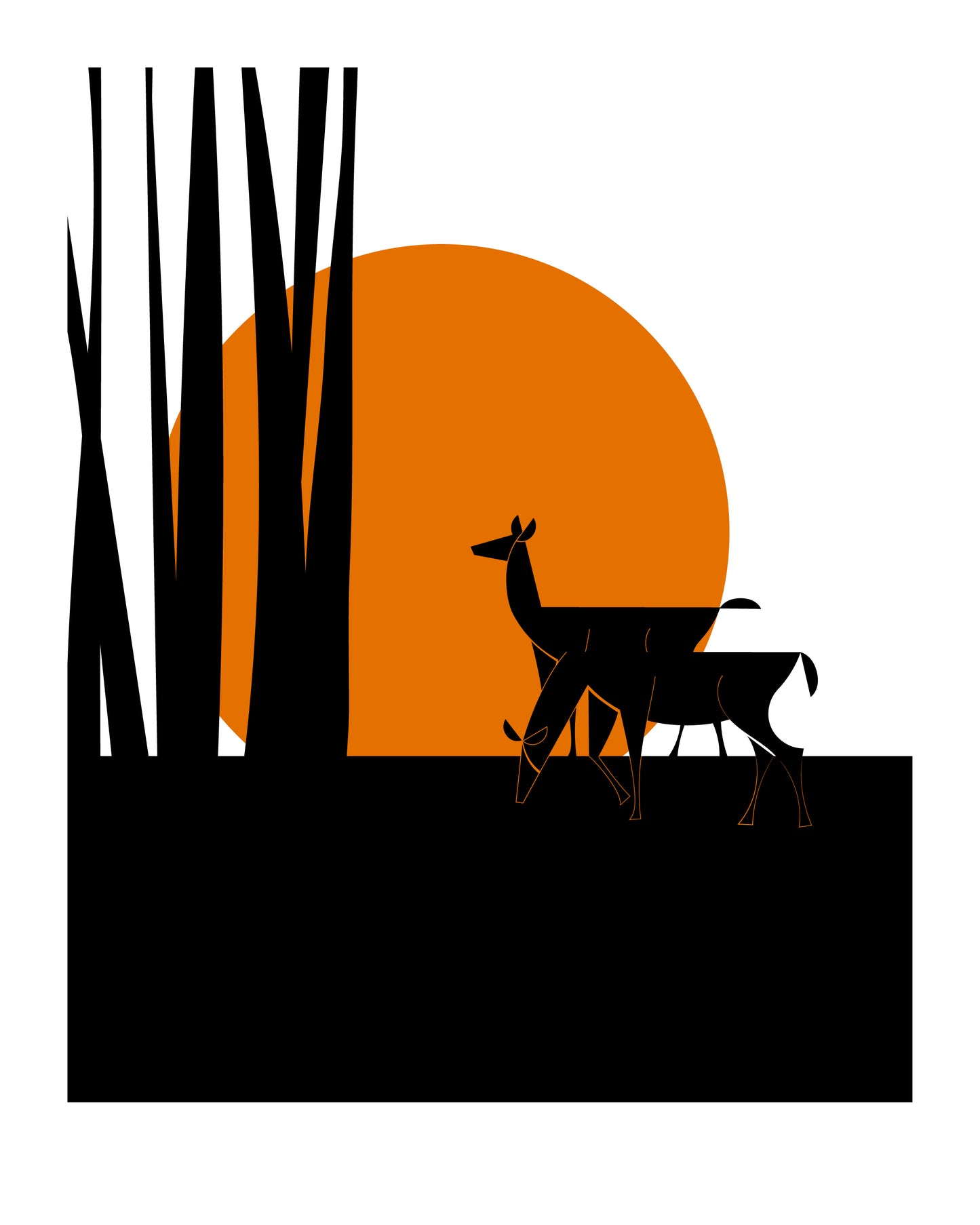 8 X 10 art print featuring two deer in silhouette at the edge of a forest. A bright orange harvest moon is in the background.