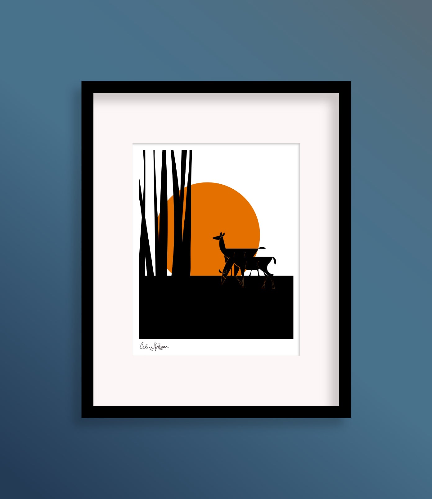 8 X 10 framed art print featuring two deer in silhouette at the edge of a forest. A bright orange harvest moon is in the background.