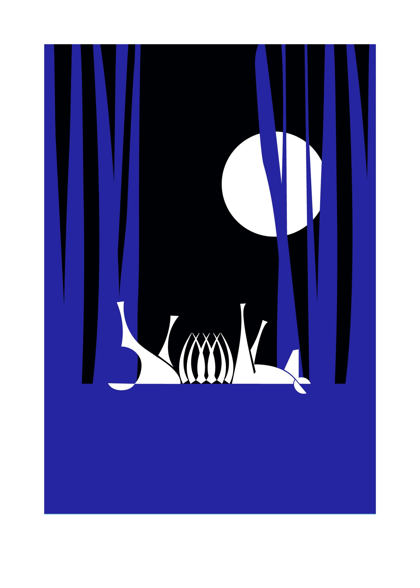 5 X 7 art print featuring a deer skeleton upside down in the forest at night. The forest is cast in bright blue and a full moon is in the background.