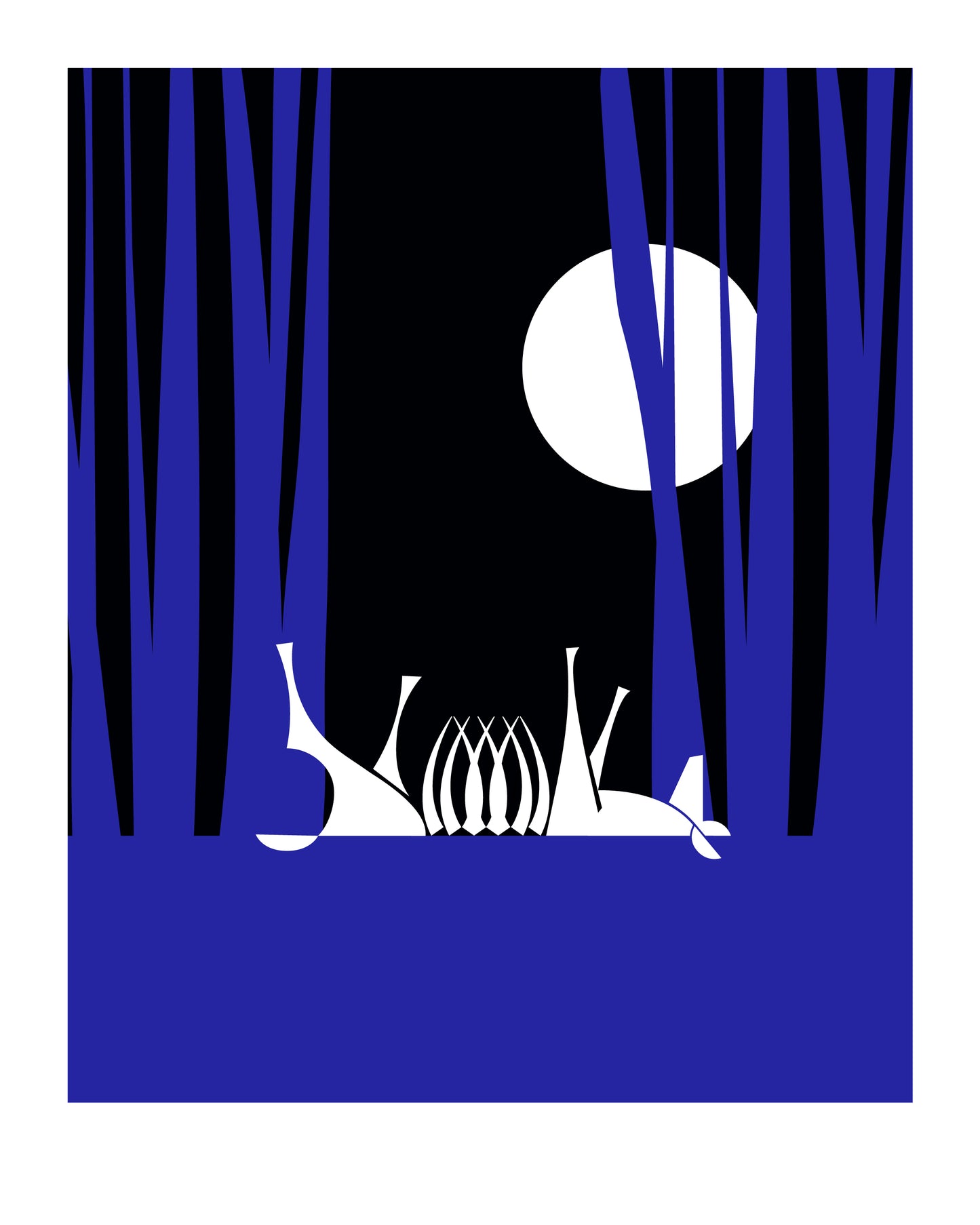 8 X 10 art print featuring a deer skeleton upside down in the forest at night. The forest is cast in bright blue and a full moon is in the background.