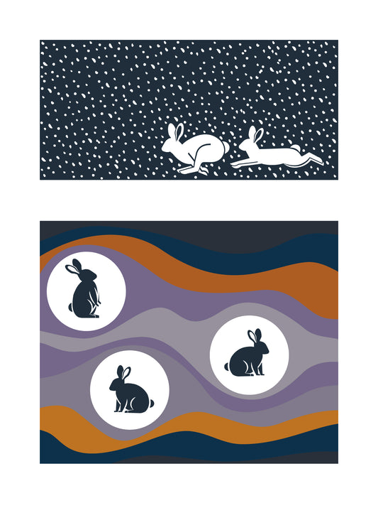 5 X 7 art print featuring two white rabbits above ground chasing after each other in the snow. Under ground are 3 rabbits in their burrows. Striations in the earth are visible around the burrows.