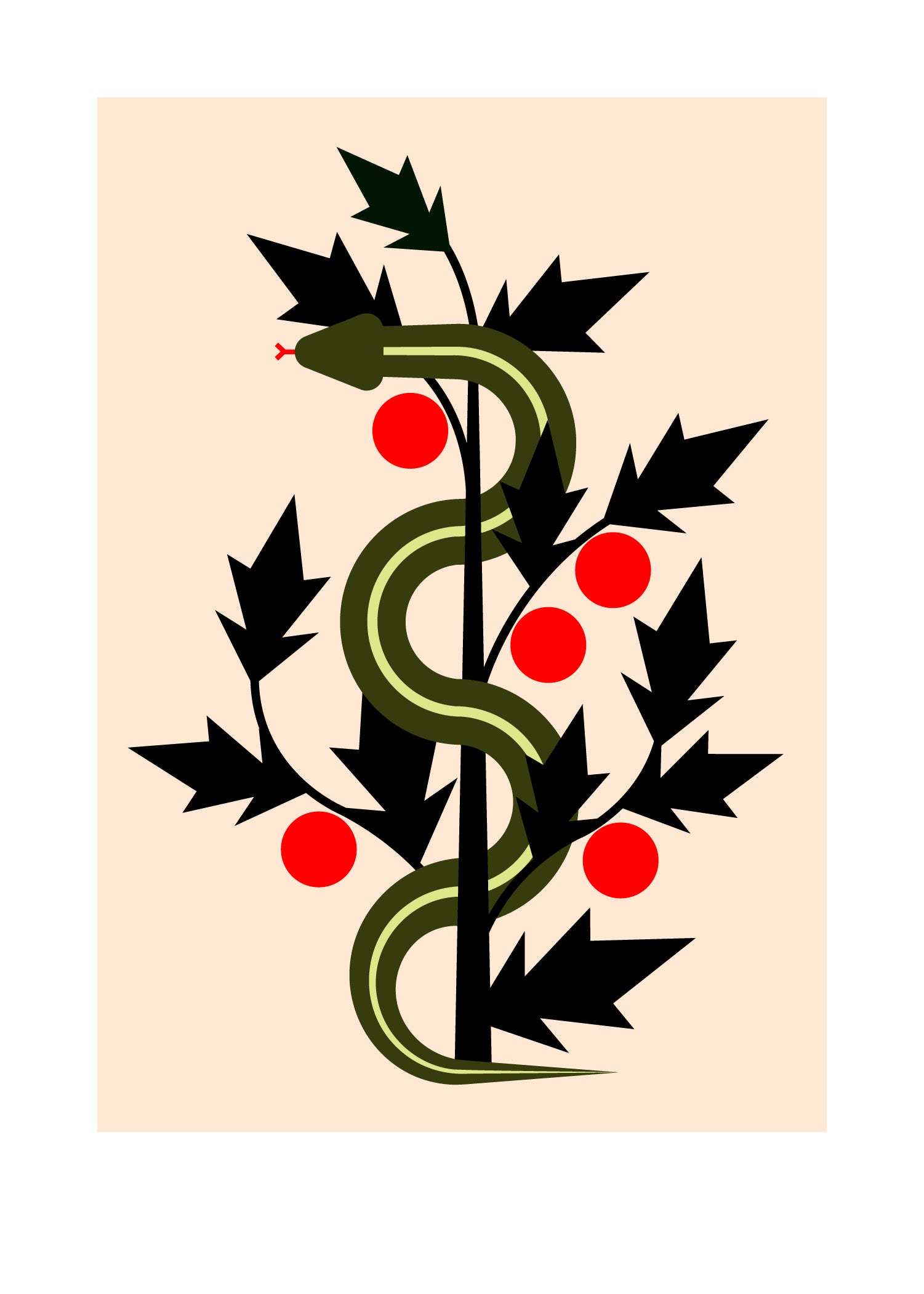 5 X 7 art print featuring a ribbon snake with its tongue sticking out. The snake is coiled around the leaves of a tomato plant. 