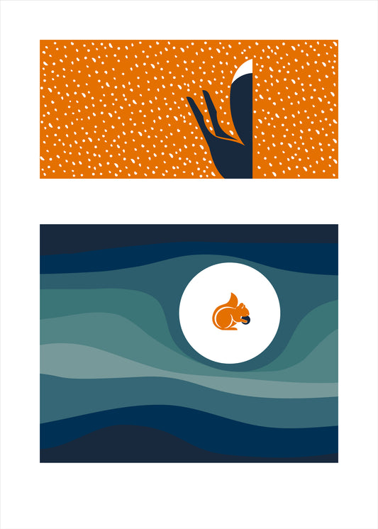5 X 7 art print featuring a fox on a bright orange background, diving under the snow to reach a squirrel buried in the ground in waves of blue soil.