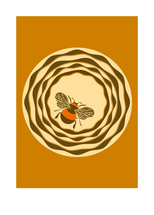 5 X 7 art print featuring an orange and brown bumble bee perched on a flower with crinkled edges, against a golden honey background