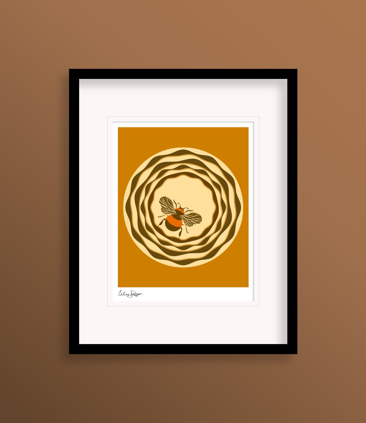 8 X 10 framed art print featuring an orange and brown bumble bee perched on a flower with crinkled edges, against a golden honey background