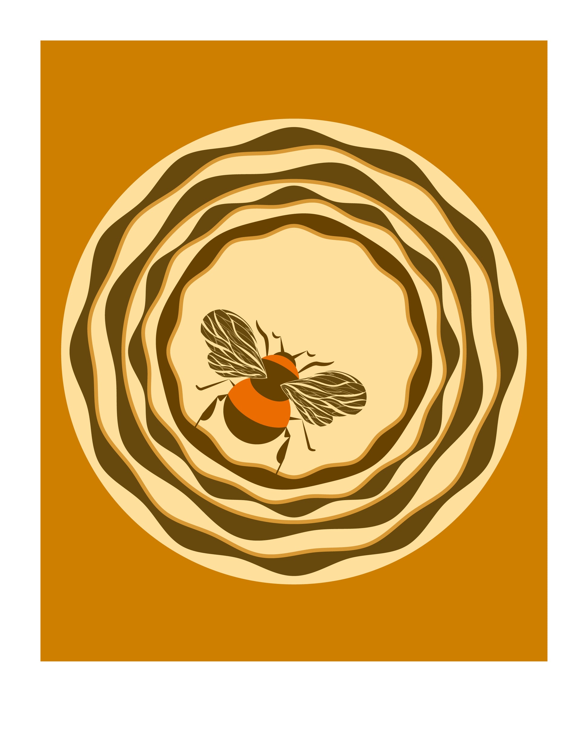 8 X 10 art print featuring an orange and brown bumble bee perched on a flower with crinkled edges, against a golden honey background