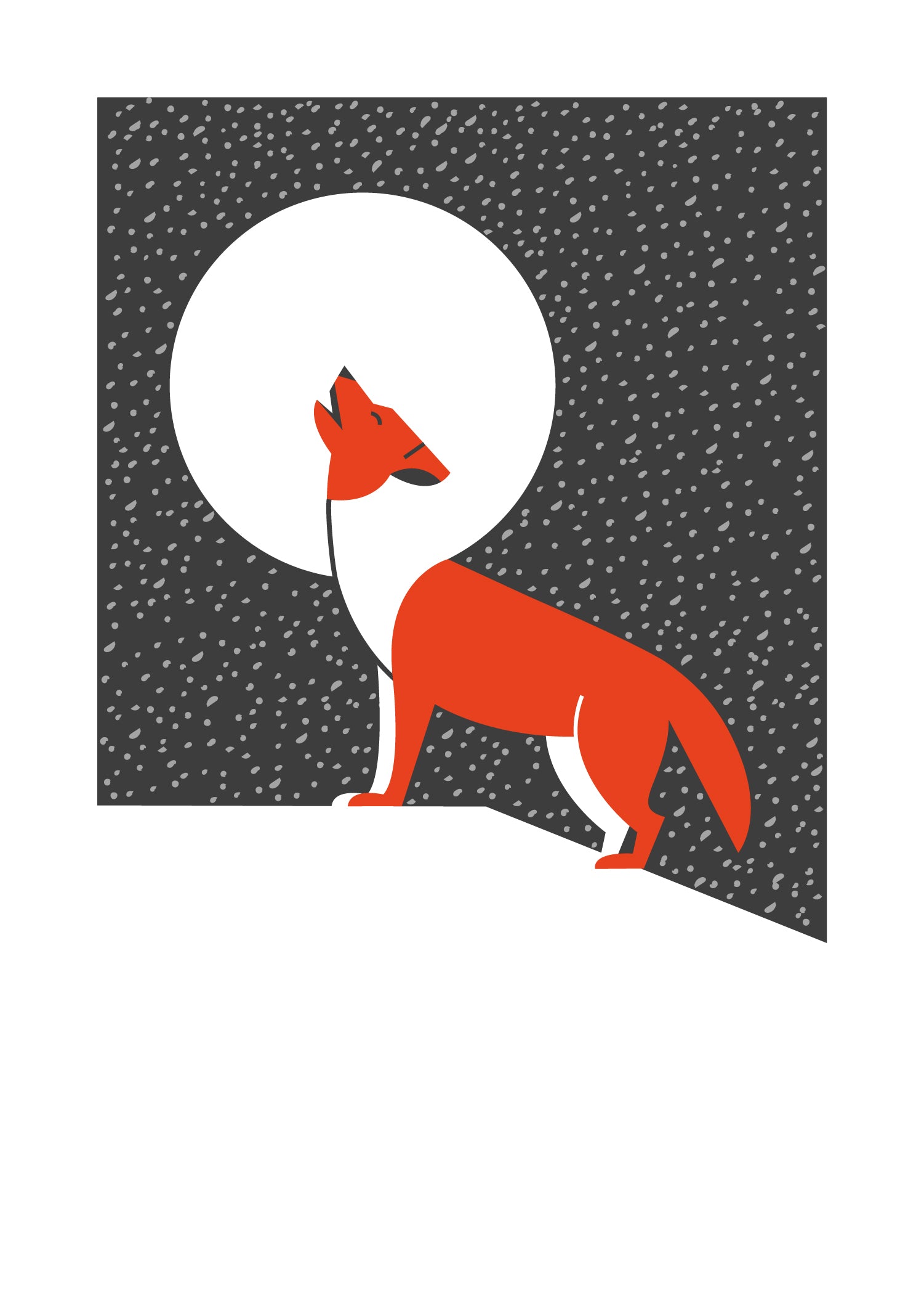 5 X 7 art print featuring an orange wolf on top of a snowy ledge, howling at the moon with snow falling in the background.