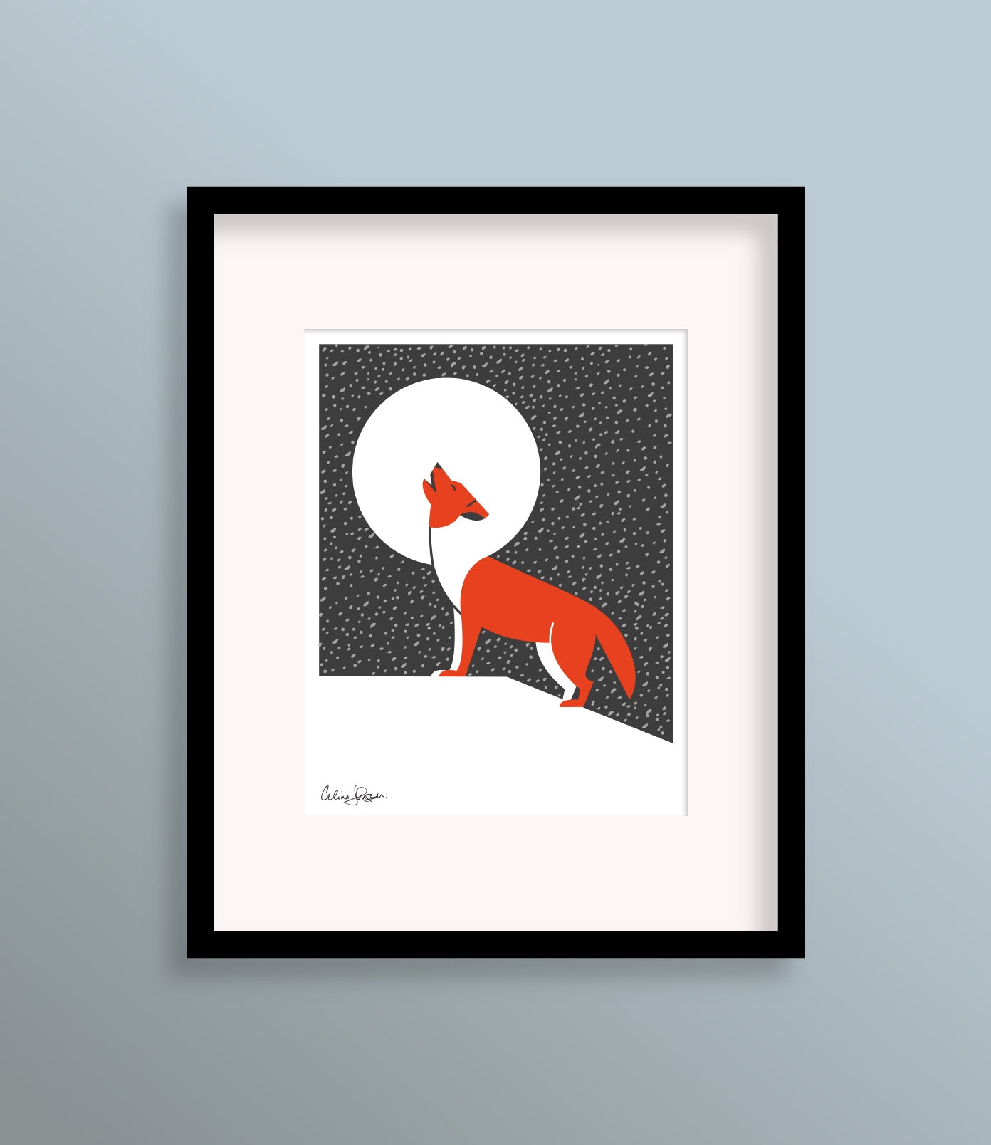 8 X 10 framed art print featuring an orange wolf on top of a snowy ledge, howling at the moon with snow falling in the background.