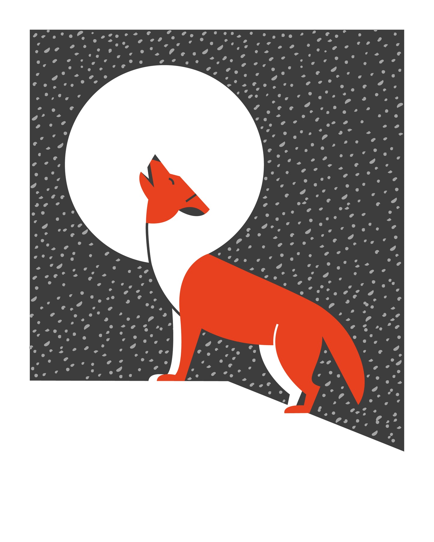 8 X 10 art print featuring an orange wolf on top of a snowy ledge, howling at the moon with snow falling in the background.
