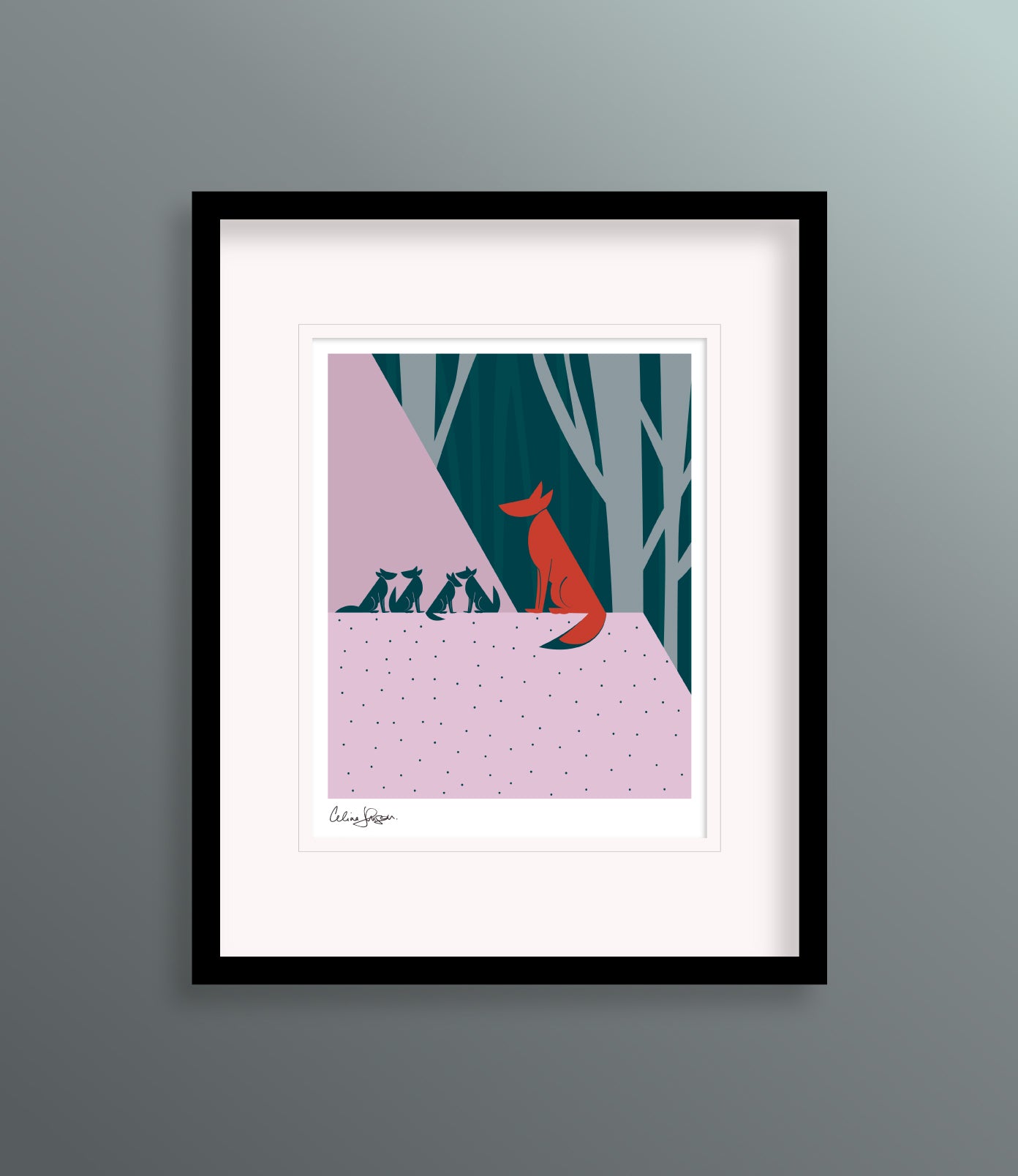8 X 10 framed art print featuring an orange fox mother sitting on a ledge in the forest with her four fox cubs. 