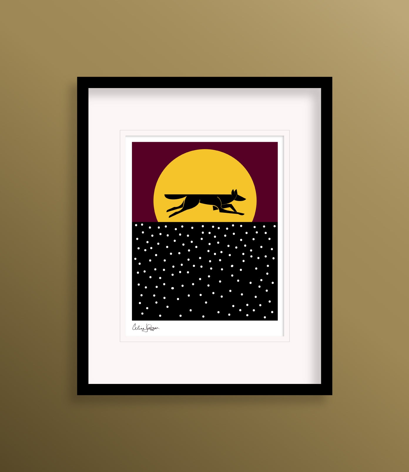 8 X 10 framed art print featuring a running coyote silhouetted against a yellow full moon. The sky behind is burgundy with a white polka dotted foreground.