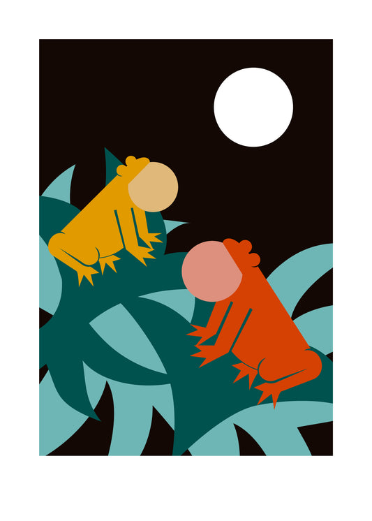 5 X 7 art print featuring two Spring Peeper frogs, one yellow, one orange, sitting on green leaves in the foreground. The frogs are singing to the moon in the background.