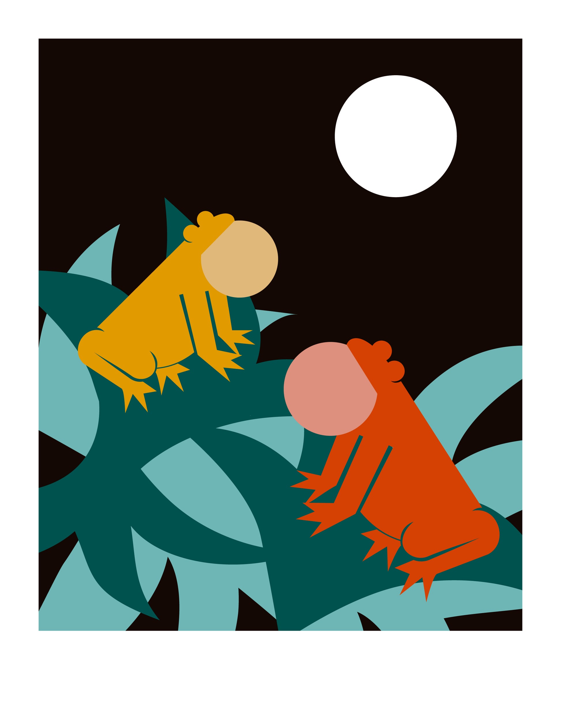 8 X 10 art print featuring two Spring Peeper frogs, one yellow, one orange, sitting on green leaves in the foreground. The frogs are singing to the moon in the background.