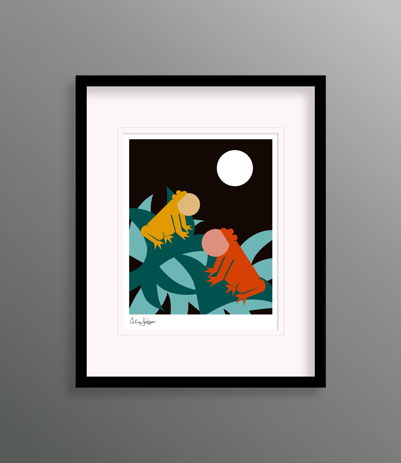 8 X 10 framed art print featuring two Spring Peeper frogs, one yellow, one orange, sitting on green leaves in the foreground. The frogs are singing to the moon in the background.