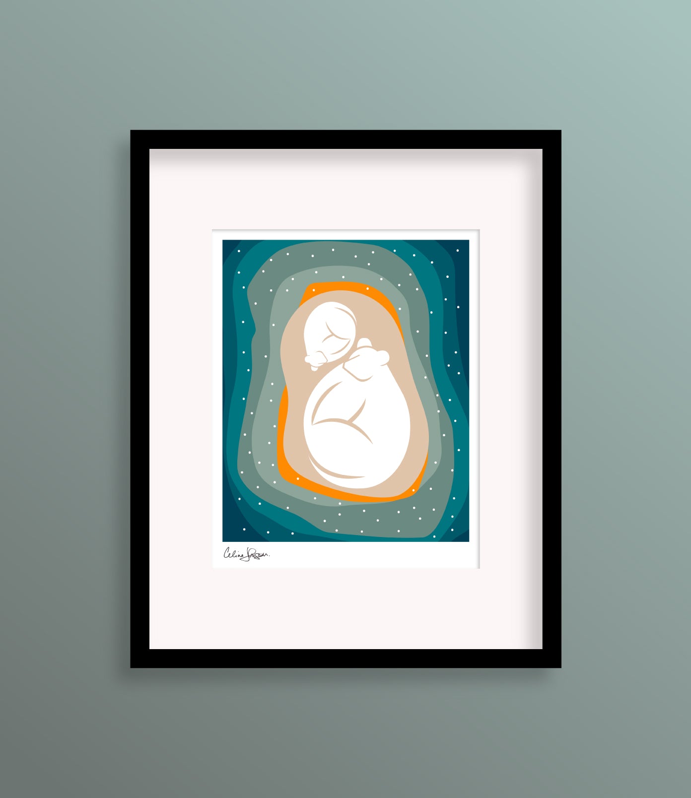 8 X 10 framed art print featuring a polar bear mother and cub curled up on a brown glacier, surrounded by waves of icy blue water.