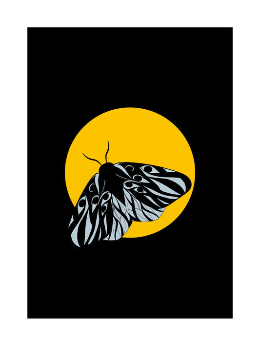5 X 7 art print featuring an intricately designed blue moth on top of a gold circle with a black background