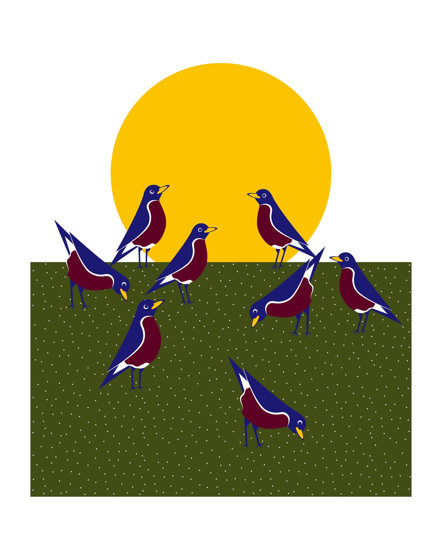 8 X 10 art print featuring a group of robins pecking at the ground, with a yellow sun in the background