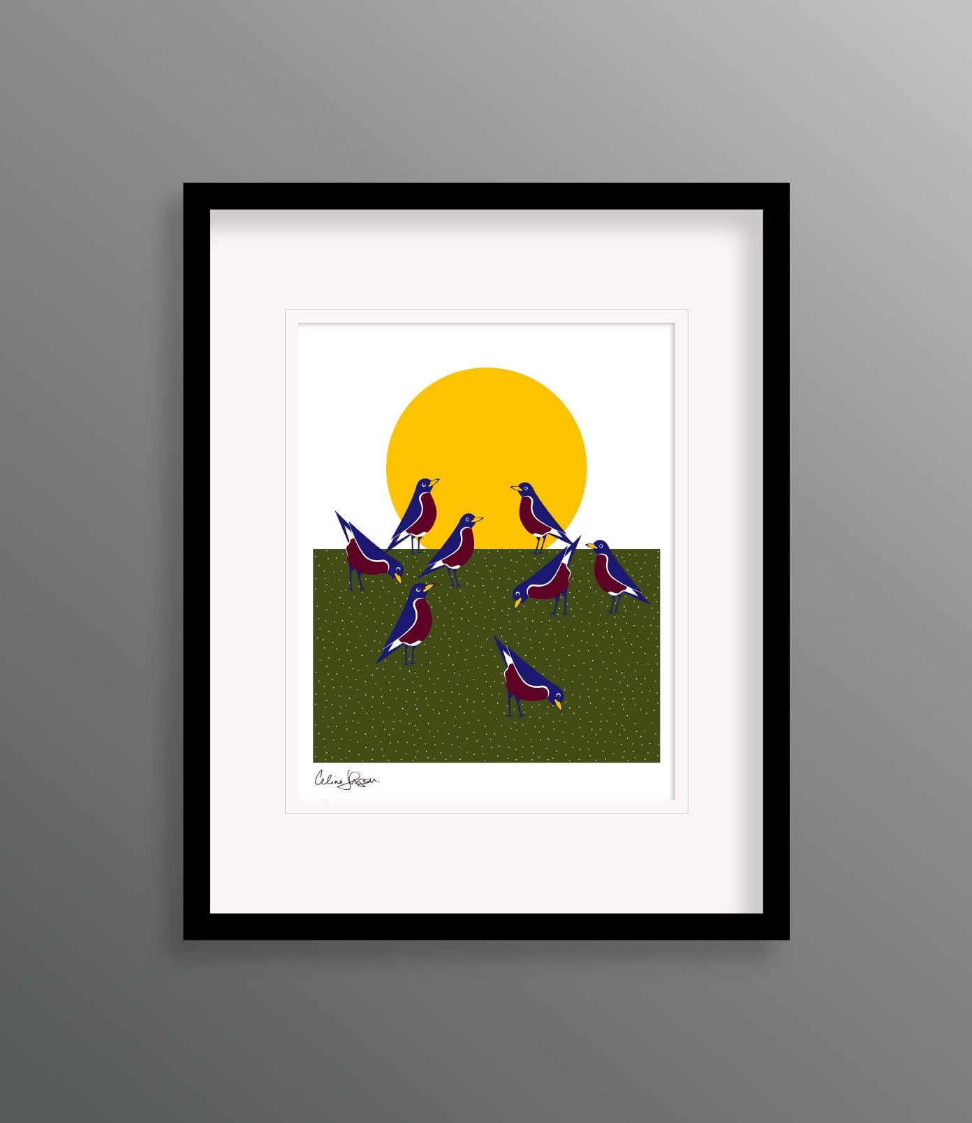 8 X 10 framed art print featuring a group of robins pecking at the ground, with a yellow sun in the background