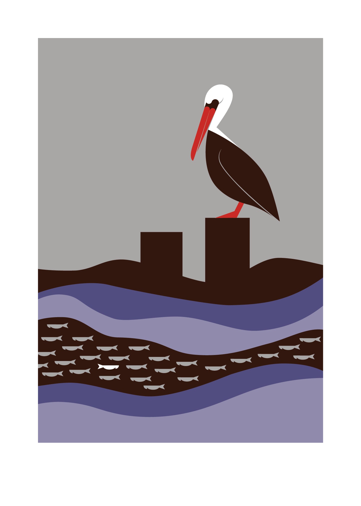 5 X 7 art print featuring a pelican, sitting on a post in the middle of the water. The bird is watching a stream of fish in the current beneath.