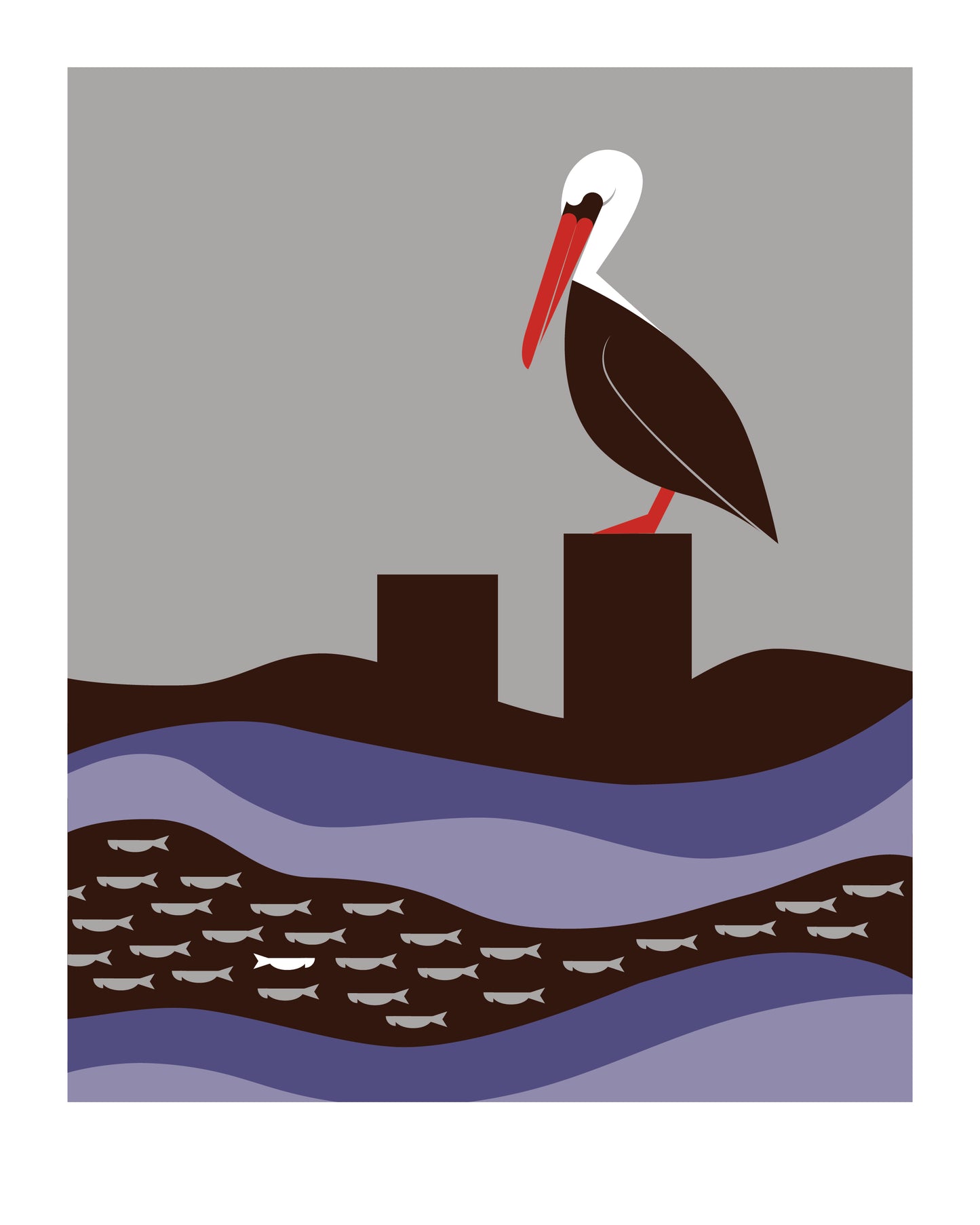 8 X 10 art print featuring a pelican, sitting on a post in the middle of the water. The bird is watching a stream of fish in the current beneath.
