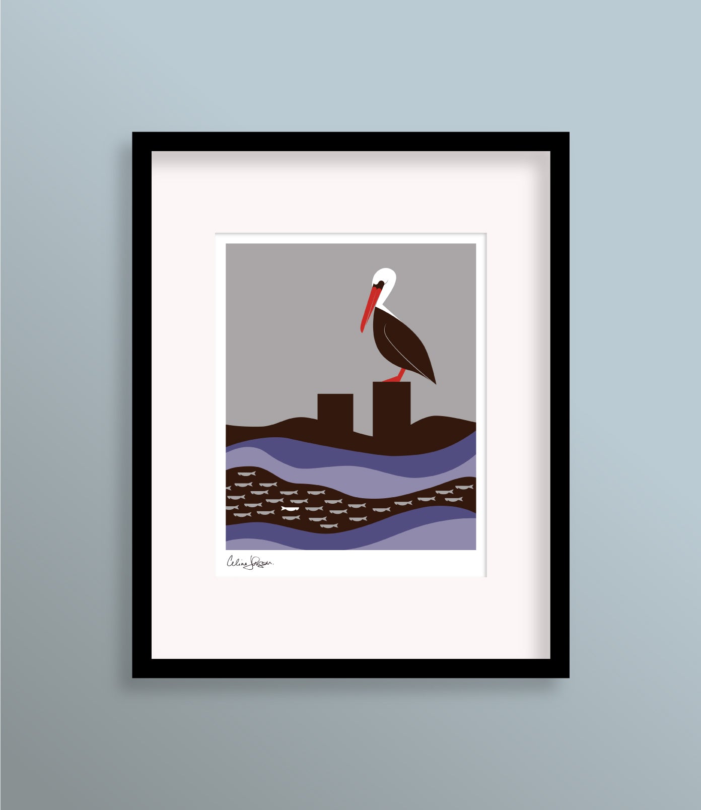8 X 10 framed art print featuring a pelican, sitting on a post in the middle of the water. The bird is watching a stream of fish in the current beneath.