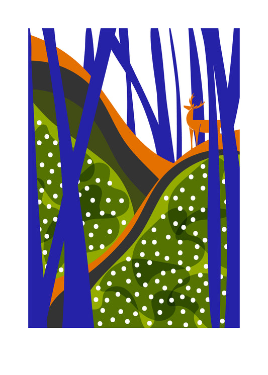 5 X 7 art print featuring a deer on top of a hill, looking out over a sea of white trilliums. 